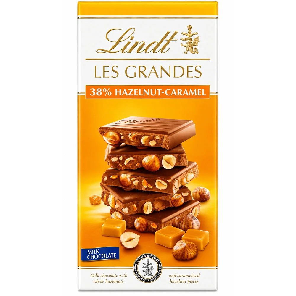 Lindt Les Grandes Milk Chocolate with 38% Hazelnut Caramel 150g