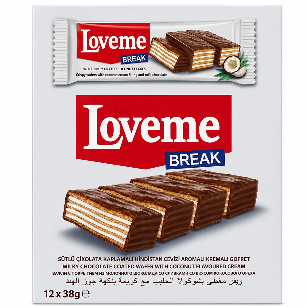 Loveme Break Coconut Cream Wafer with Milk Chocolate 12×38g