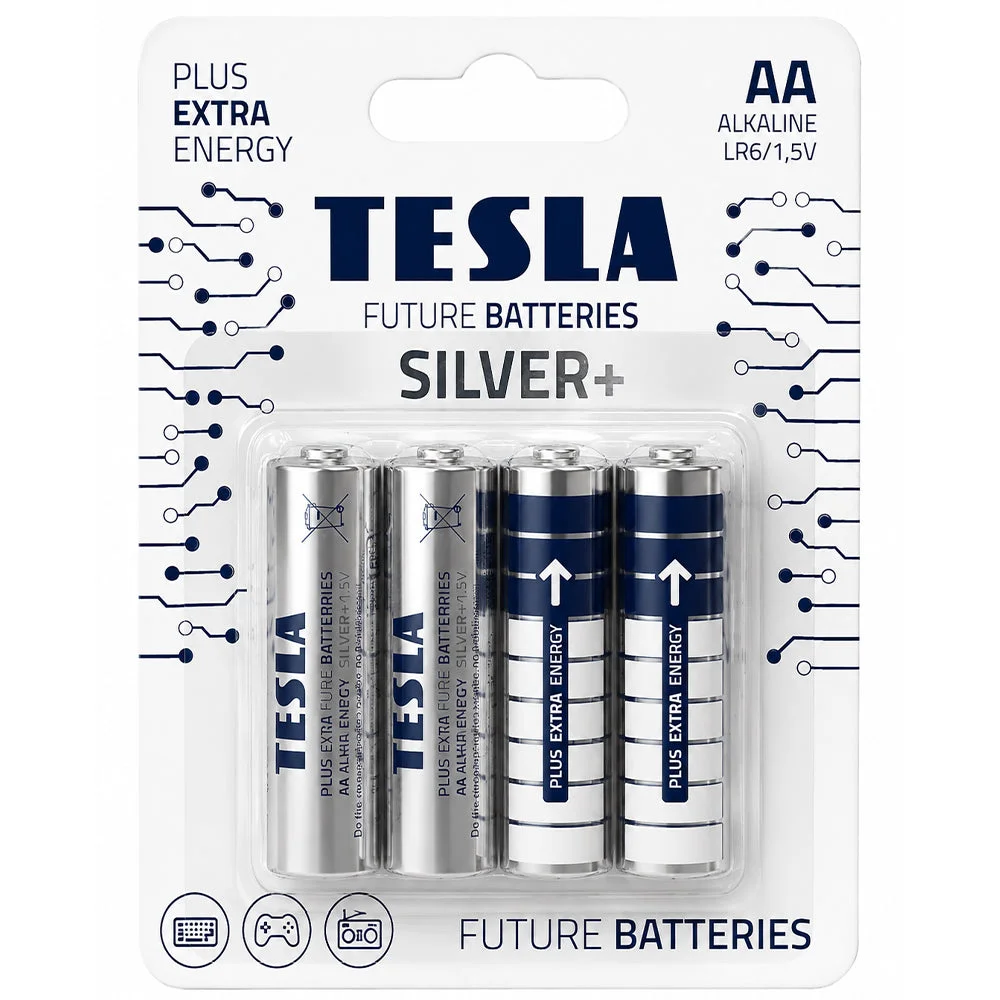 Tesla Silver+ AA Alkaline Batteries LR6 1.5V 4 Pack