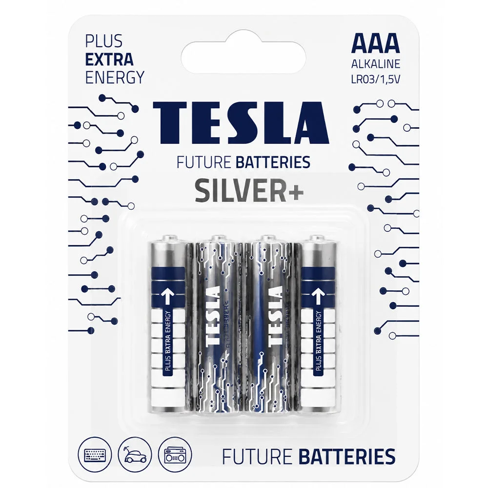 Tesla Silver+ AAA Alkaline Batteries LR03 1.5V 4 Pack